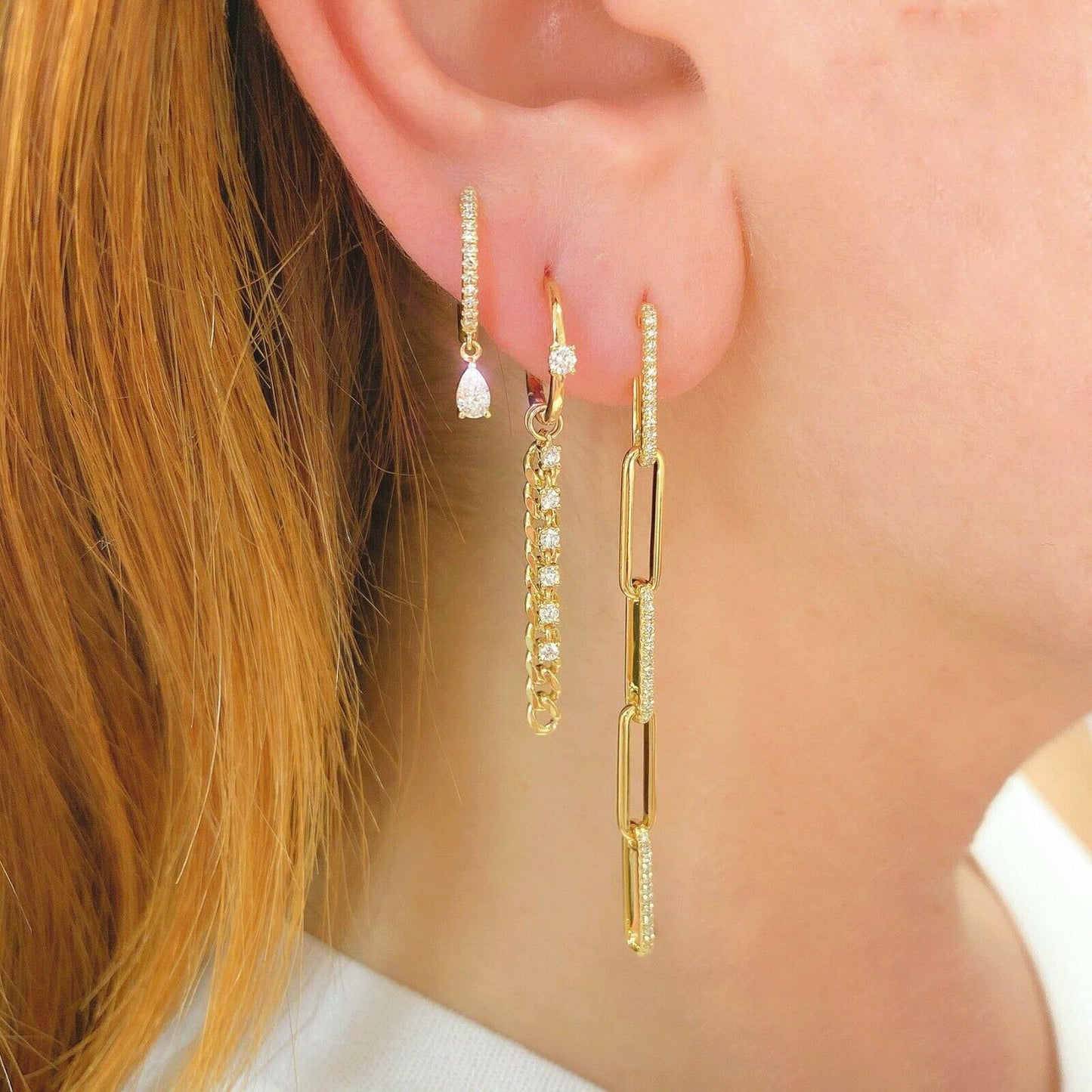 14K Gold 0.24CT Diamond Paper Clip Link Earrings Round Cut Drop Dangle
