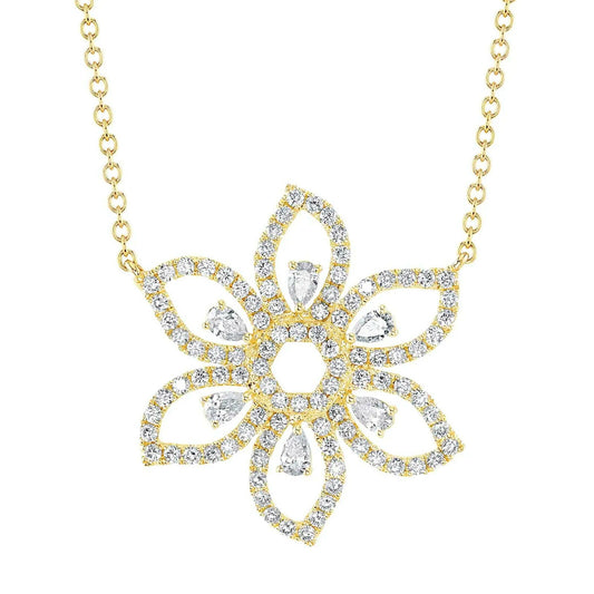 Pear Cut Diamond Flower Necklace 14K Yellow Gold Womens 1.34 CT Natural