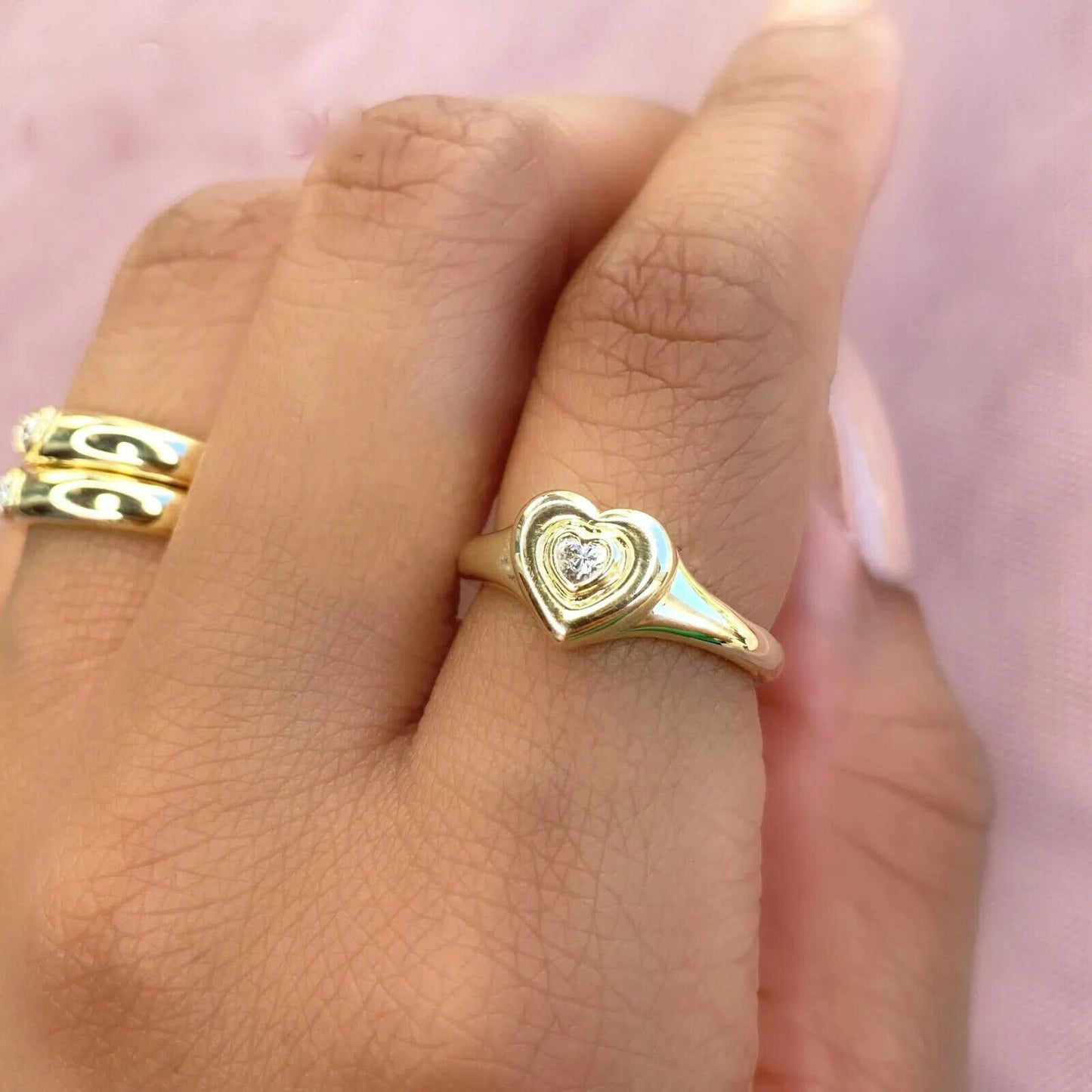 14K Gold 0.11 CT Diamond Heart Cut Ring  Bezel Set Cocktail Fashion Love