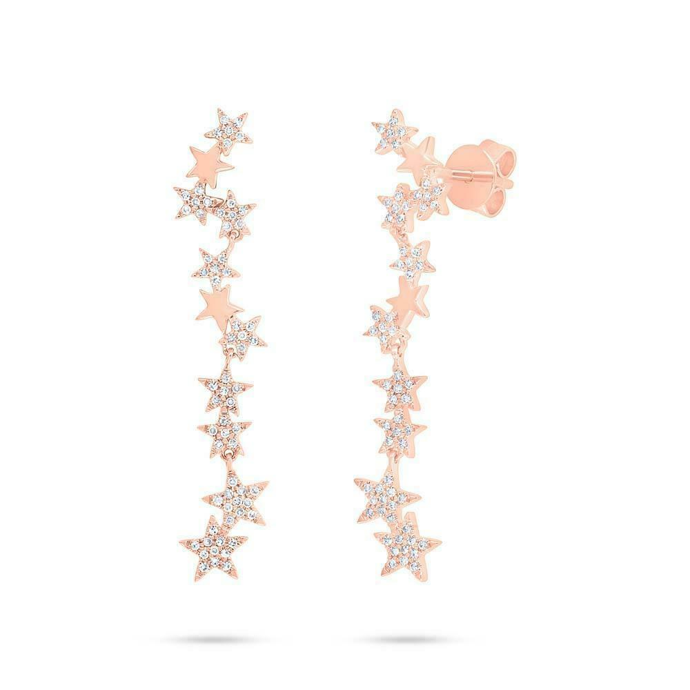 14K Gold 0.23 CT Diamond Celestial Dangling Star Drop Earrings Round Cut