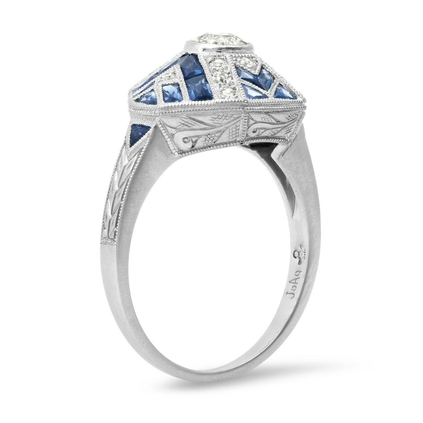 Art Deco Diamond Sapphire Platinum Ring Handmade French Cut Certified Natural