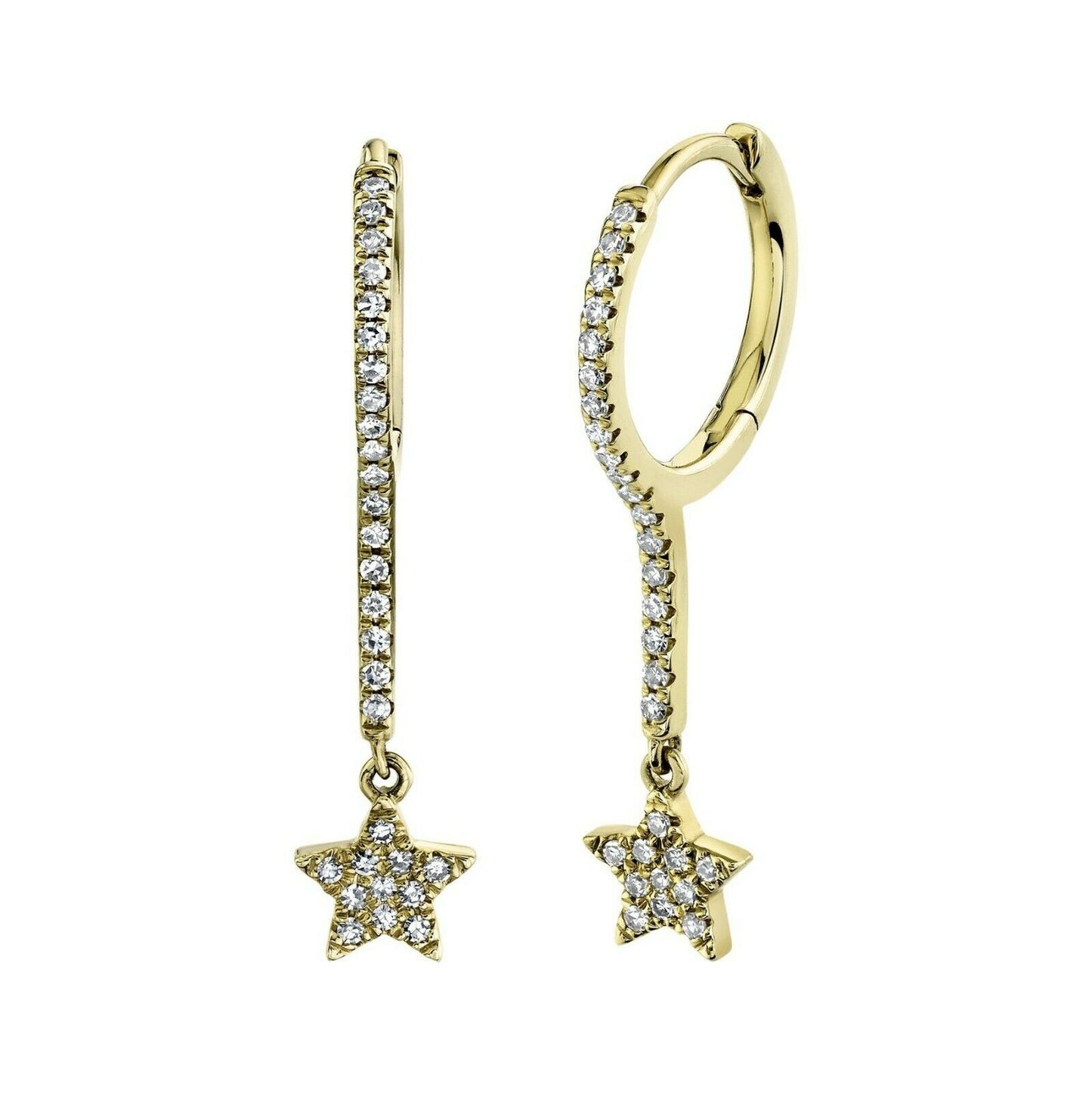 14k Gold 0.17 CT Diamond Star Drop Dangle Huggie Earrings Natural Pave