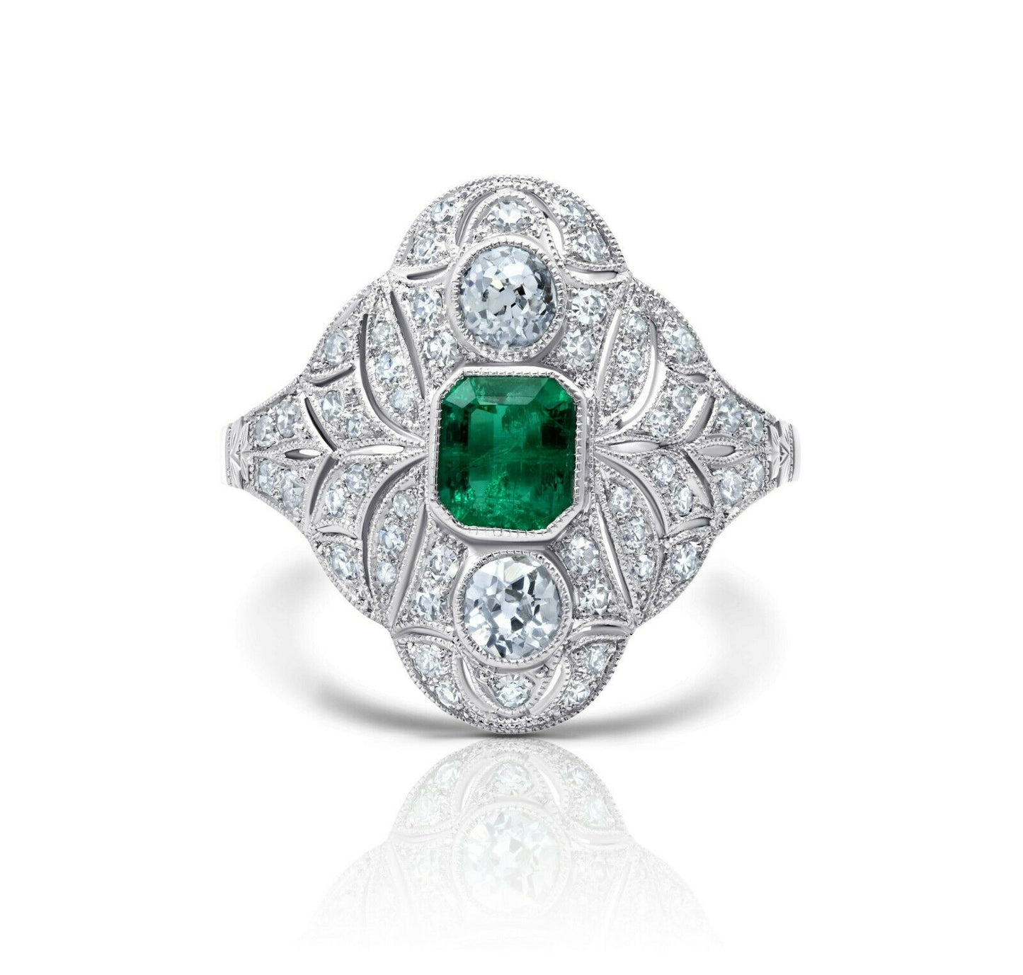 Diamond And Emerald Platinum Ring Art Deco Antique Rose Cut Certified Natural
