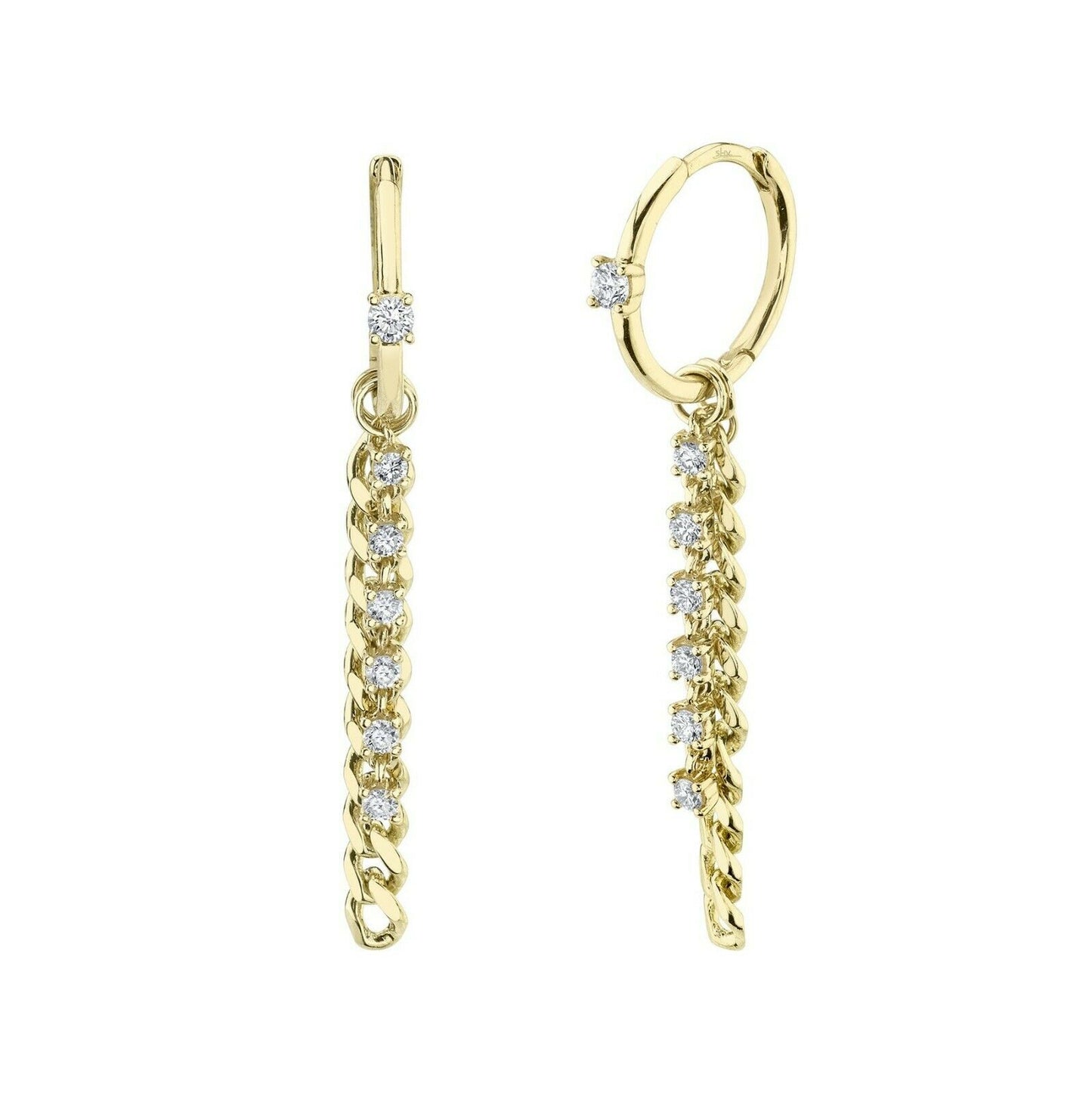 14K Gold 0.34 CT Diamond Link Chain Huggie Drop Earrings Dangle Round Cut