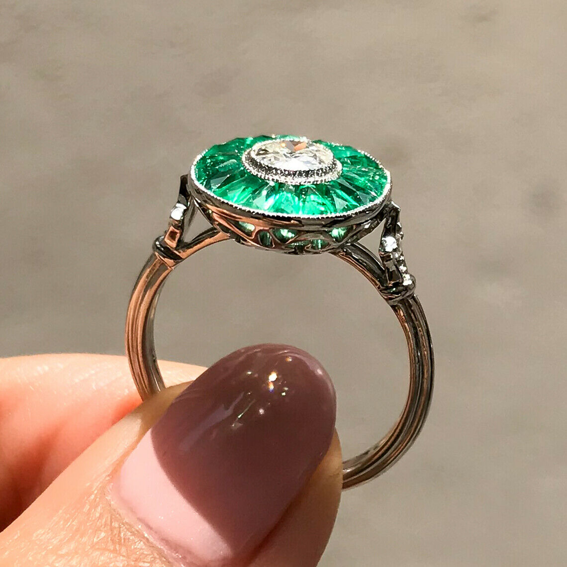 Baguette Cut Emerald Round Diamond Platinum Ring Antique Art Deco