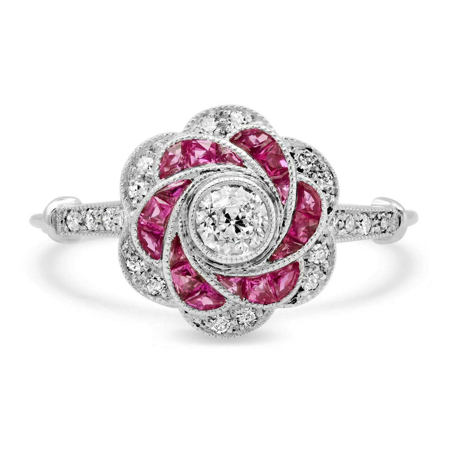 Art Deco Ruby Diamond Platinum Flower Ring Natural Handmade