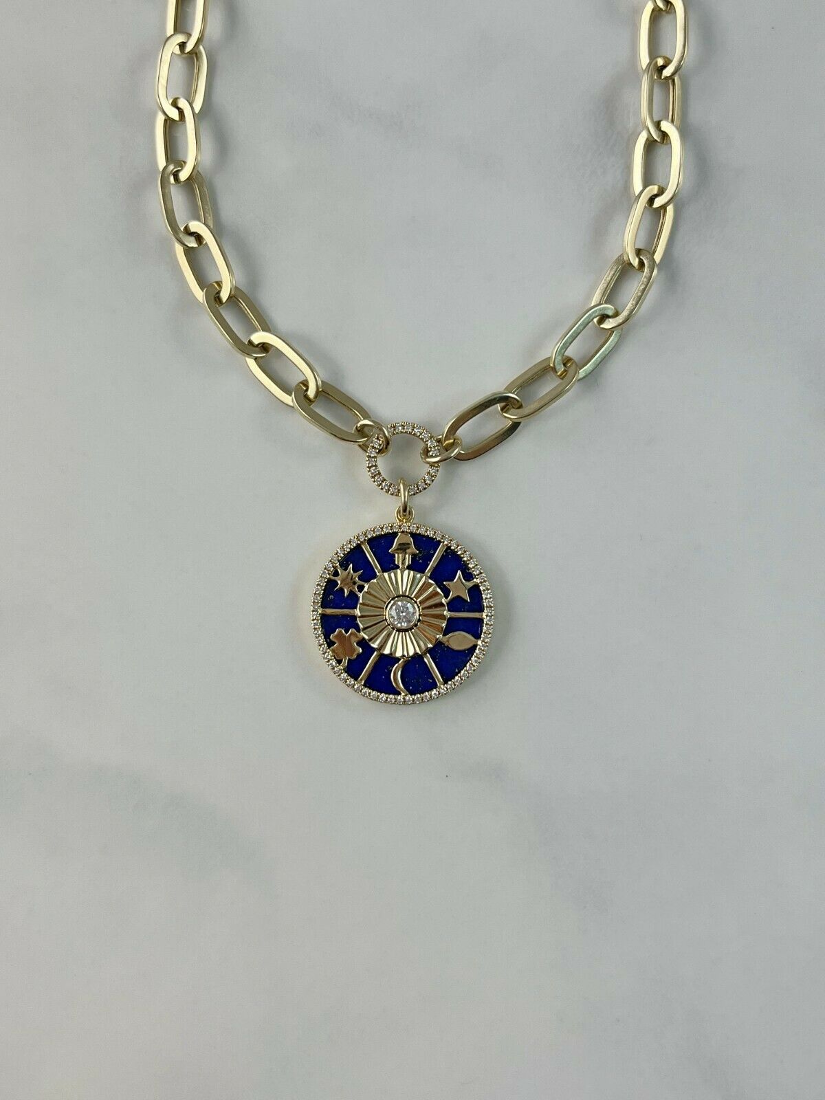 14K Gold 4.43 CT Lapis Diamond Necklace Hamsa Star Moon Clover Paper Clip Necklace Disc