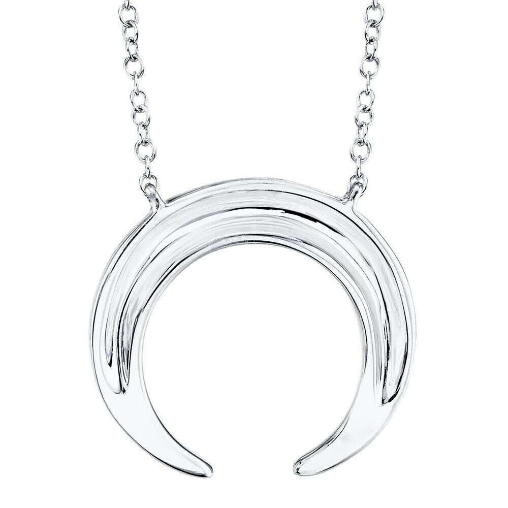 14K White Gold 0.20 CT Diamond Crescent Moon Pendant Necklace Pave Set Round Natural
