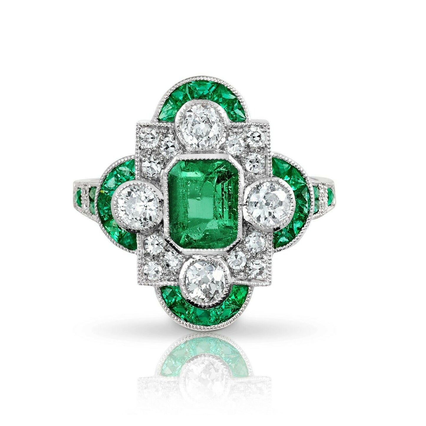 Art Deco Diamond Emerald Platinum Ring Handmade Certified Natural