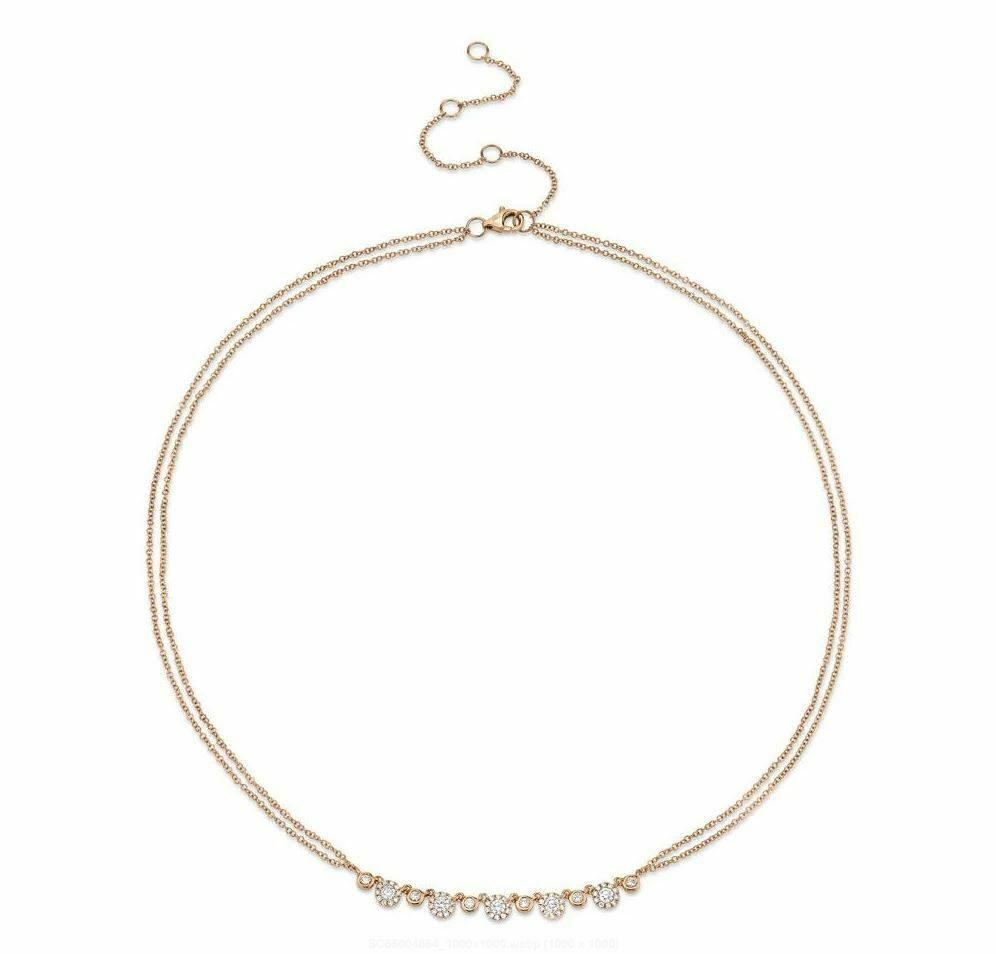 14K Gold 0.56 CT Diamond Necklace 2 Double Chain Minimalist Round Natural
