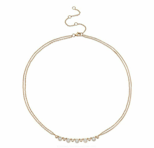 14K Gold 0.56 CT Diamond Necklace 2 Double Chain Minimalist Round Natural