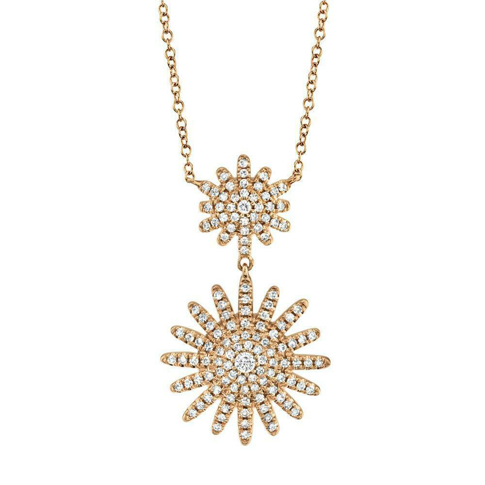 14K Gold 0.32 CT Diamond Sunshine Sun Ray Pendant Necklace Natural Round