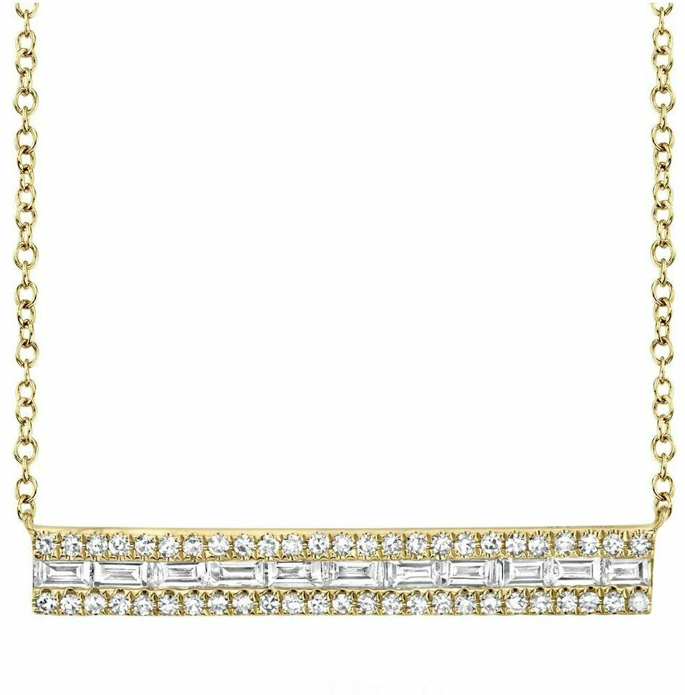 14K Gold 0.40CT Baguette Diamond Bar Necklace Pendant Channel Set Natural