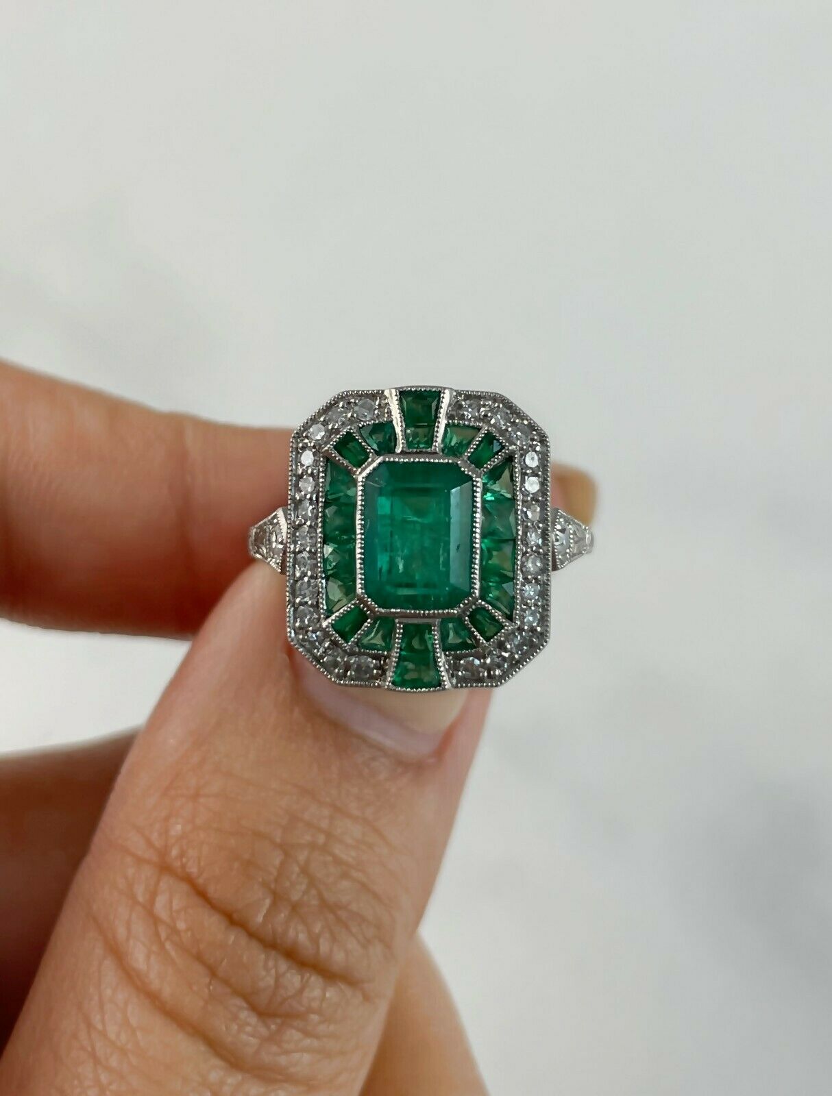 Emerald Platinum Diamond Ring Art Deco Handmade Certified Natural