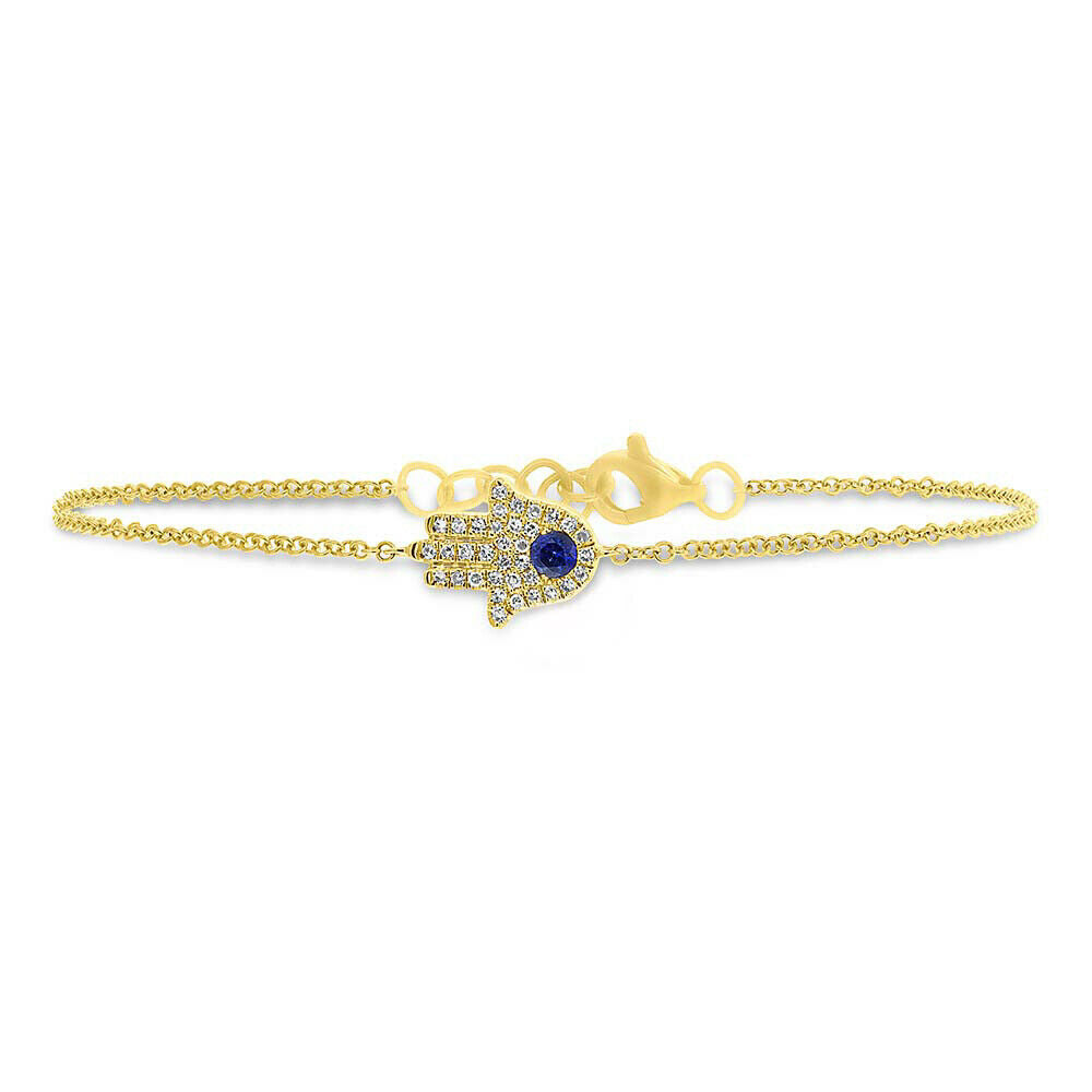 14K Gold 0.17 TCW All Seeing Eye Blue Sapphire Hand Hamsa Diamond Bracelet