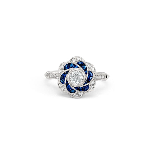 Art Deco Diamond Blue Sapphire Flower Platinum Engagement Ring