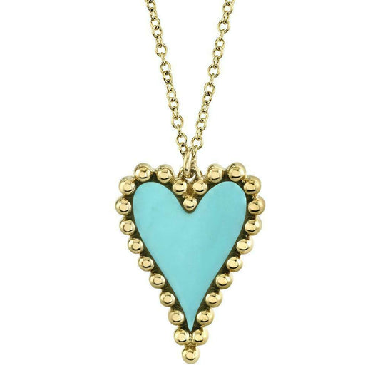 14K Yellow Gold Turquoise Heart Pendant Necklace Beaded Womens Adjustable Chain