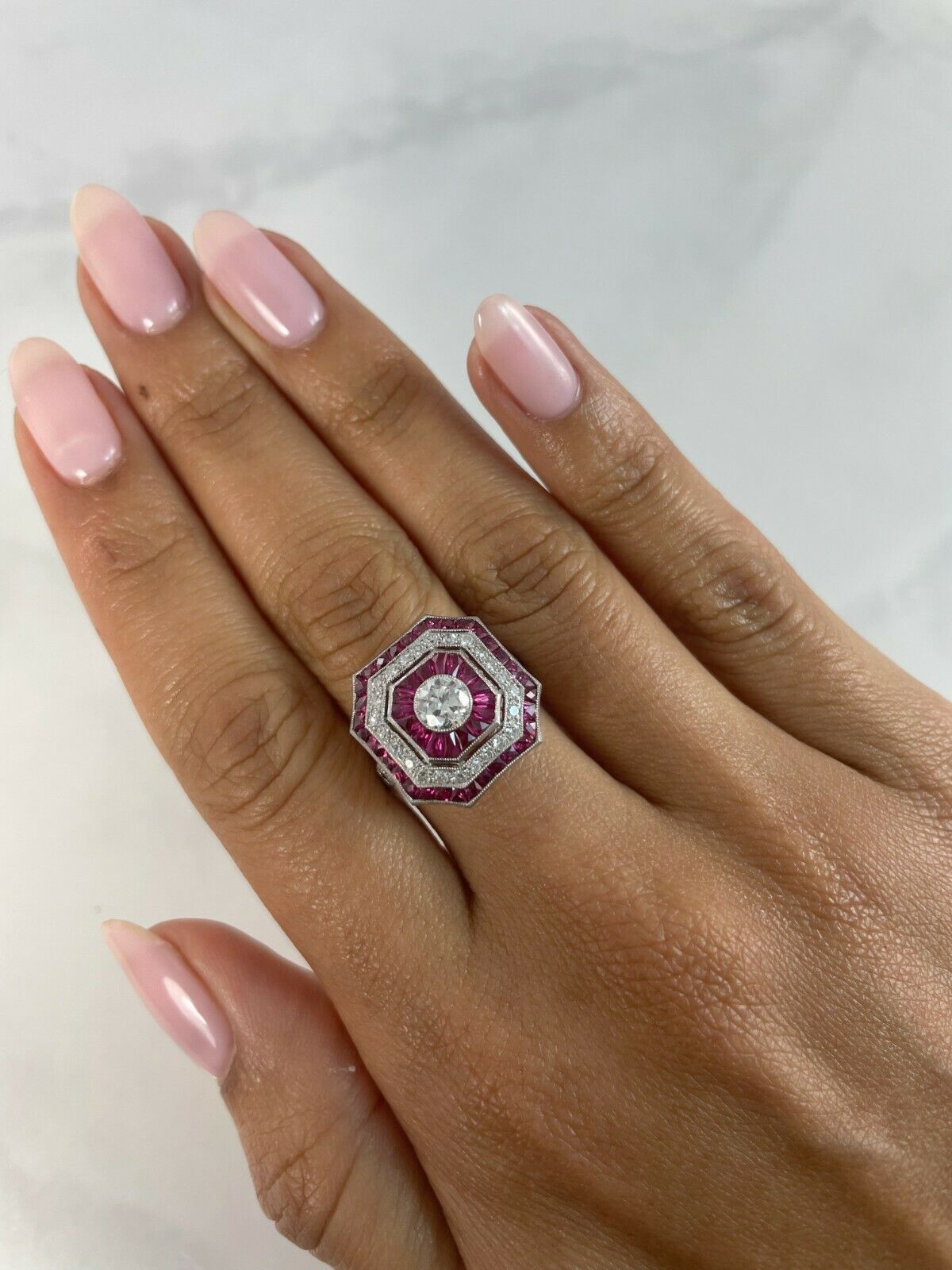 Art Deco Diamond Ruby Platinum Ring Handmade French Cut Cocktail Natural