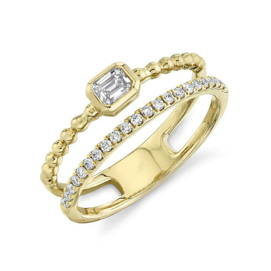 14k Gold 0.35 CT Emerald Cut Diamond Double Band Beaded Ring Natural Round