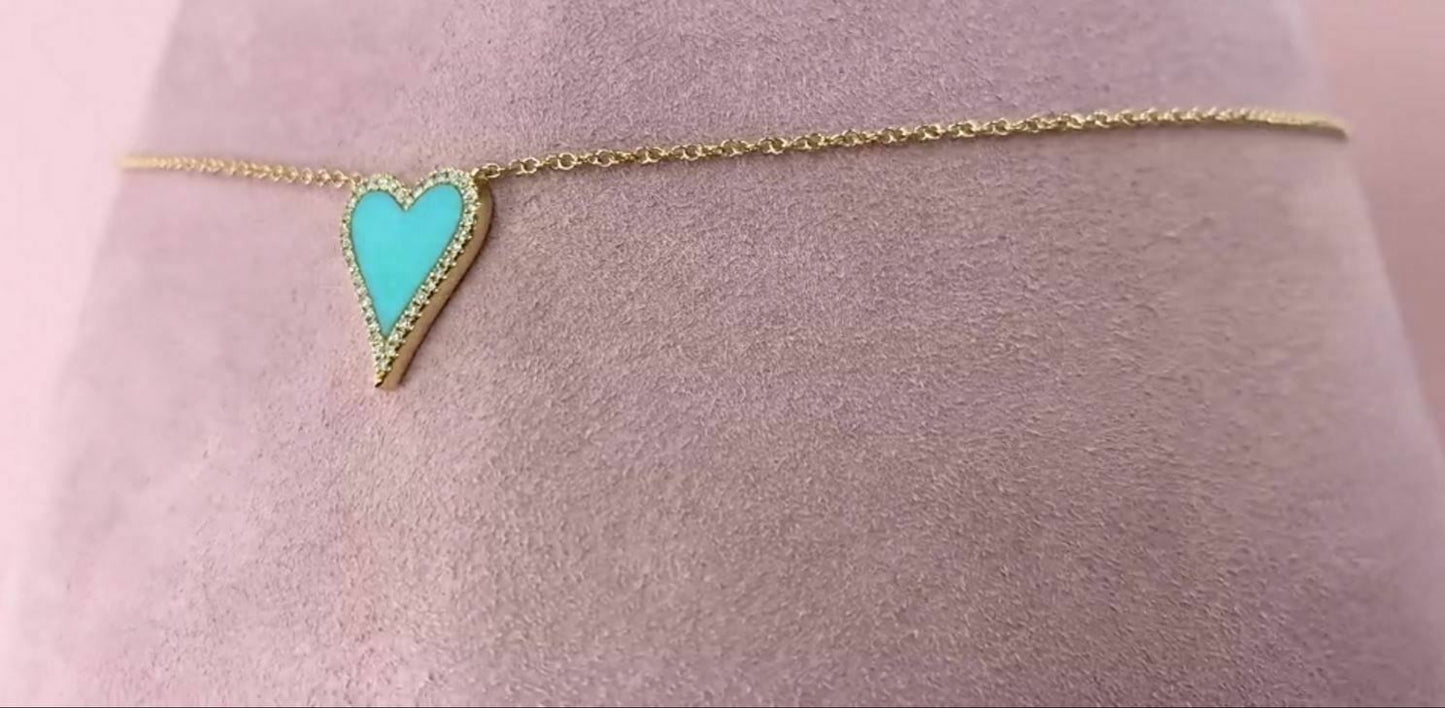Turquoise Diamond Heart Pendant Necklace 14K Rose Gold 0.78 TCW Love Valentines
