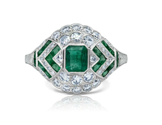 Emerald And Diamond Platinum Ring Handmade Certified Natural