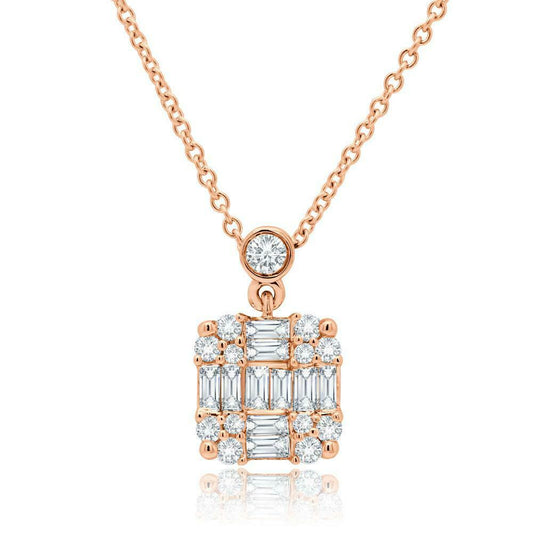 14k Gold 0.29 CT Baguette Diamond Cluster Square Pendant Necklace Natural