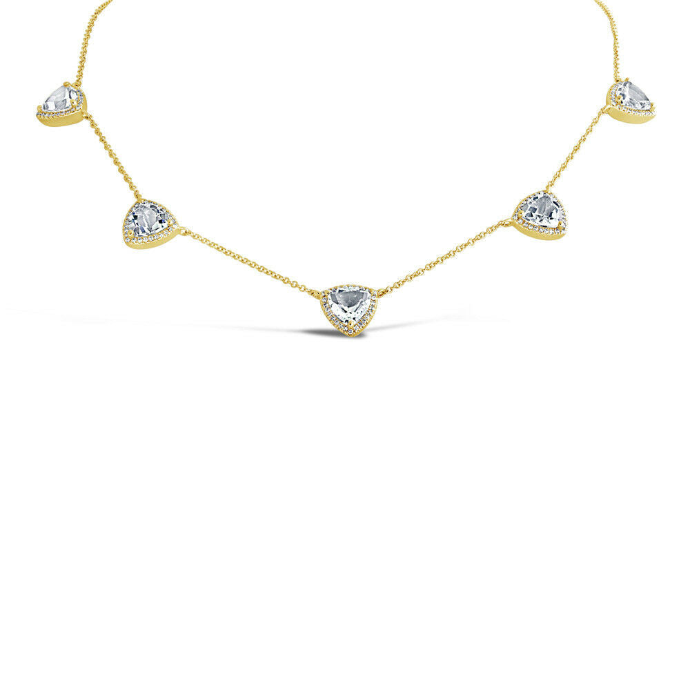 14K Gold 7.17 TCW Natural Triangle Cut White Topaz Diamond Necklace
