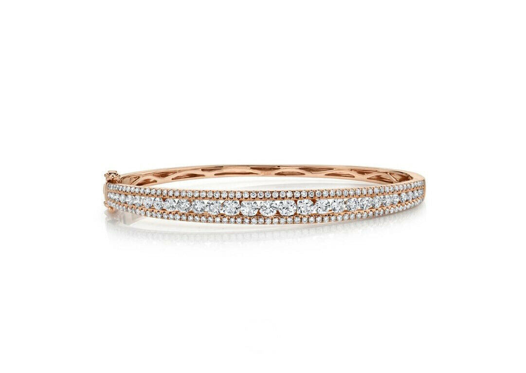 14K Gold 2.75 CT Channel Set Diamond Bangle Bracelet Round Cut Natural Size Small