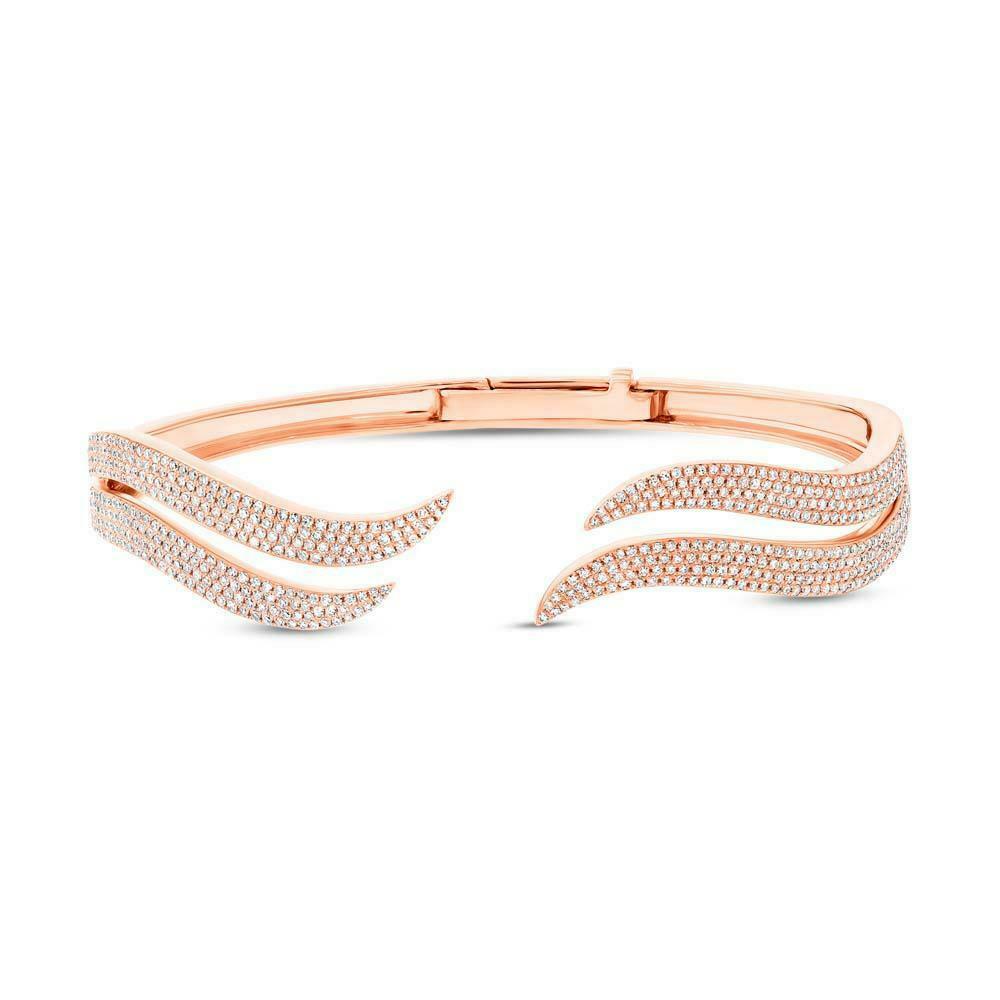 14K Gold 1.59 CT Diamond Claw Cuff Bangle Bracelet Wave Curve Natural Open