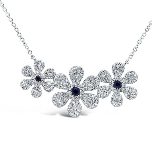 14K Gold 0.66 TCW Diamond Blue Sapphire 3 Flower Pendant Necklace Daisy