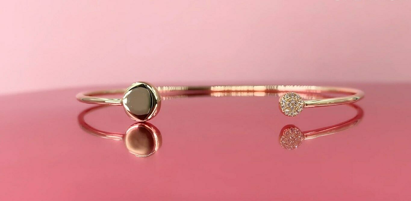 14K Gold 0.04 CT Diamond Open Bangle Bracelet Minimalist Circle Disc Dainty Natural