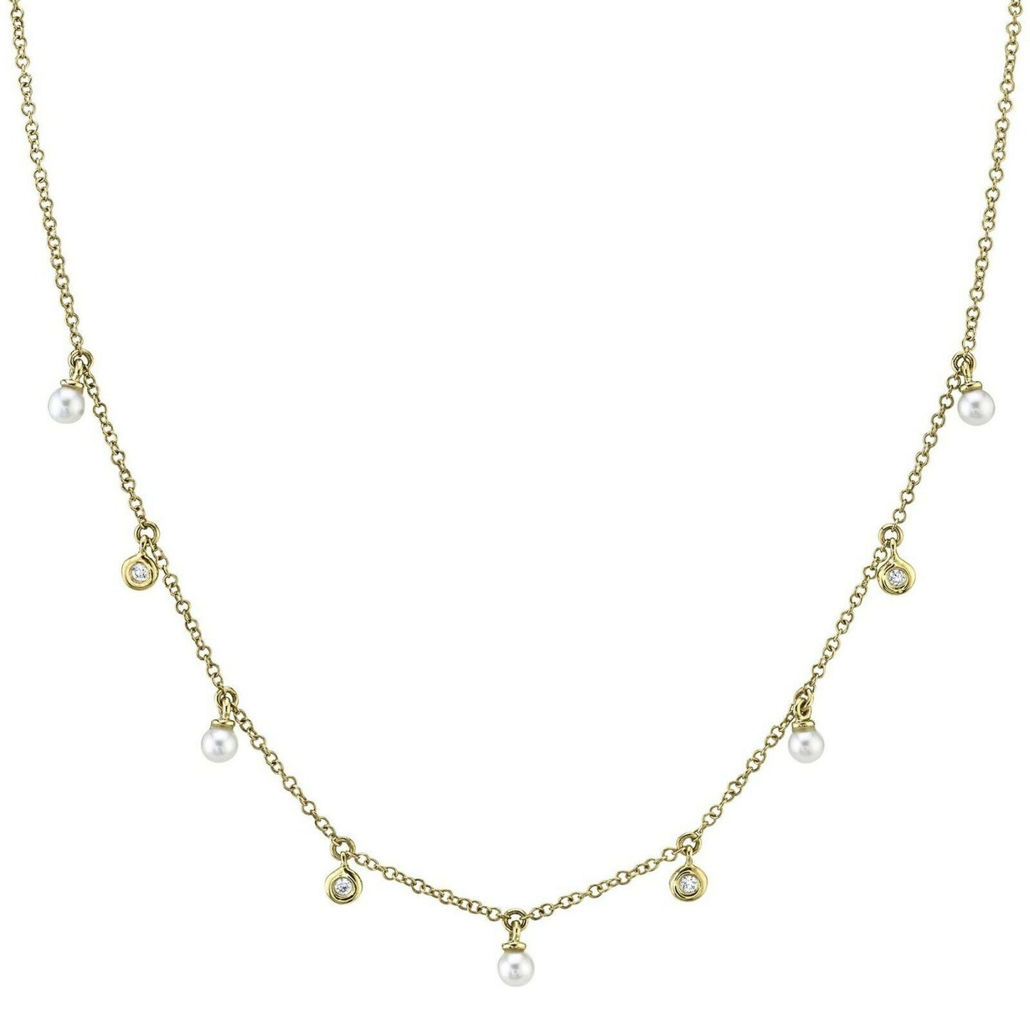 14K Gold 0.04 CT Diamond Pearl Necklace Shaker Dangling Bezel Set Round Cut