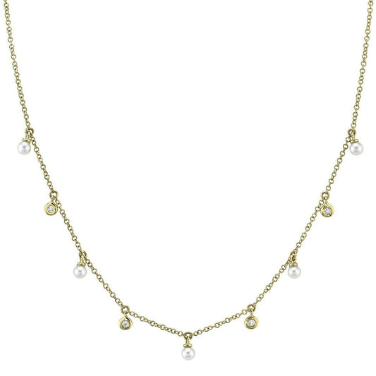 14K Gold 0.04 CT Diamond Pearl Necklace Shaker Dangling Bezel Set Round Cut