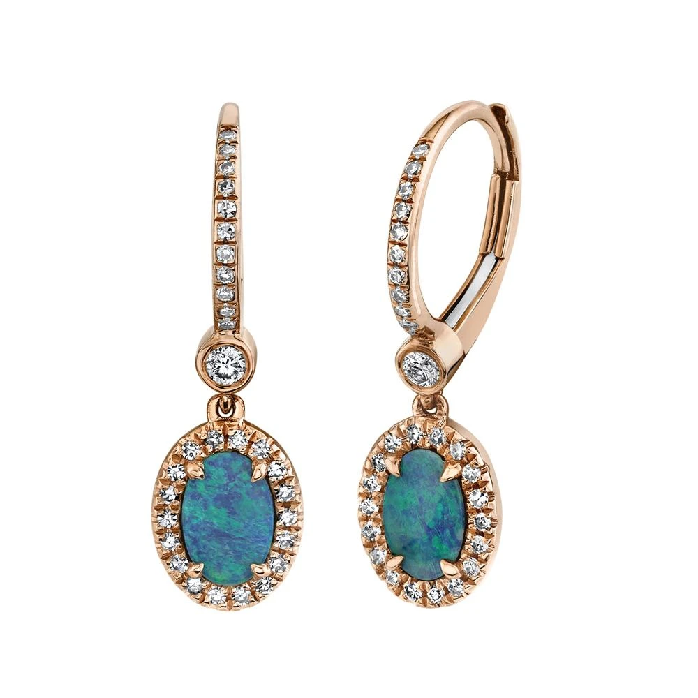 14K Gold 0.90 TCW Opal And Diamond Drop Earrings Oval Dangle Natural