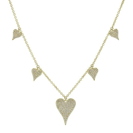 14K Gold 0.72 CT Diamond Hearts Necklace Pave Set Round Cut Natural