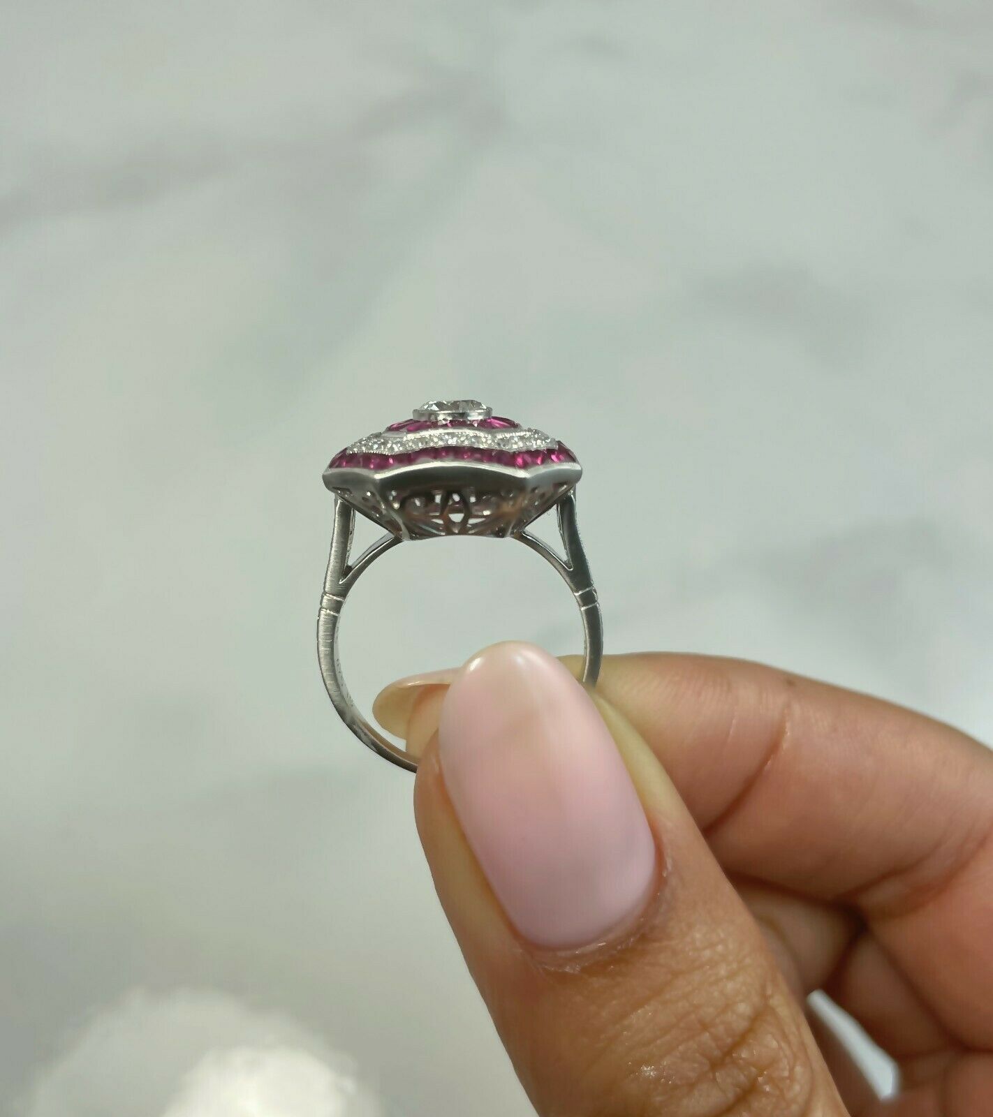 Art Deco Diamond Ruby Platinum Ring Handmade French Cut Cocktail Natural
