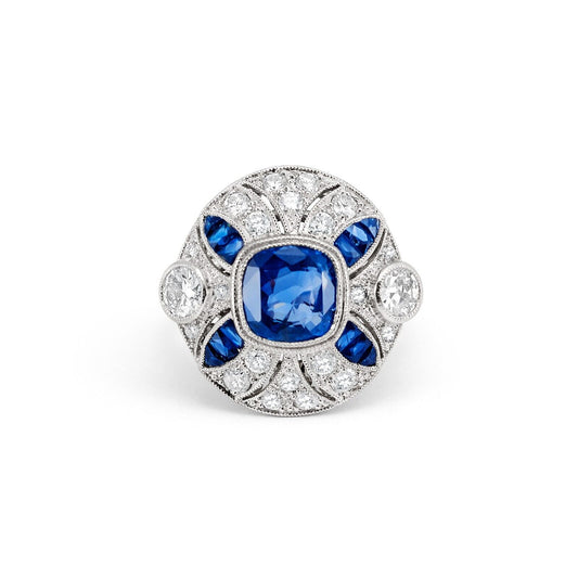 Cushion Blue Sapphire Old Mine Cut Diamond Platinum Ring Art Deco Antique Inspired