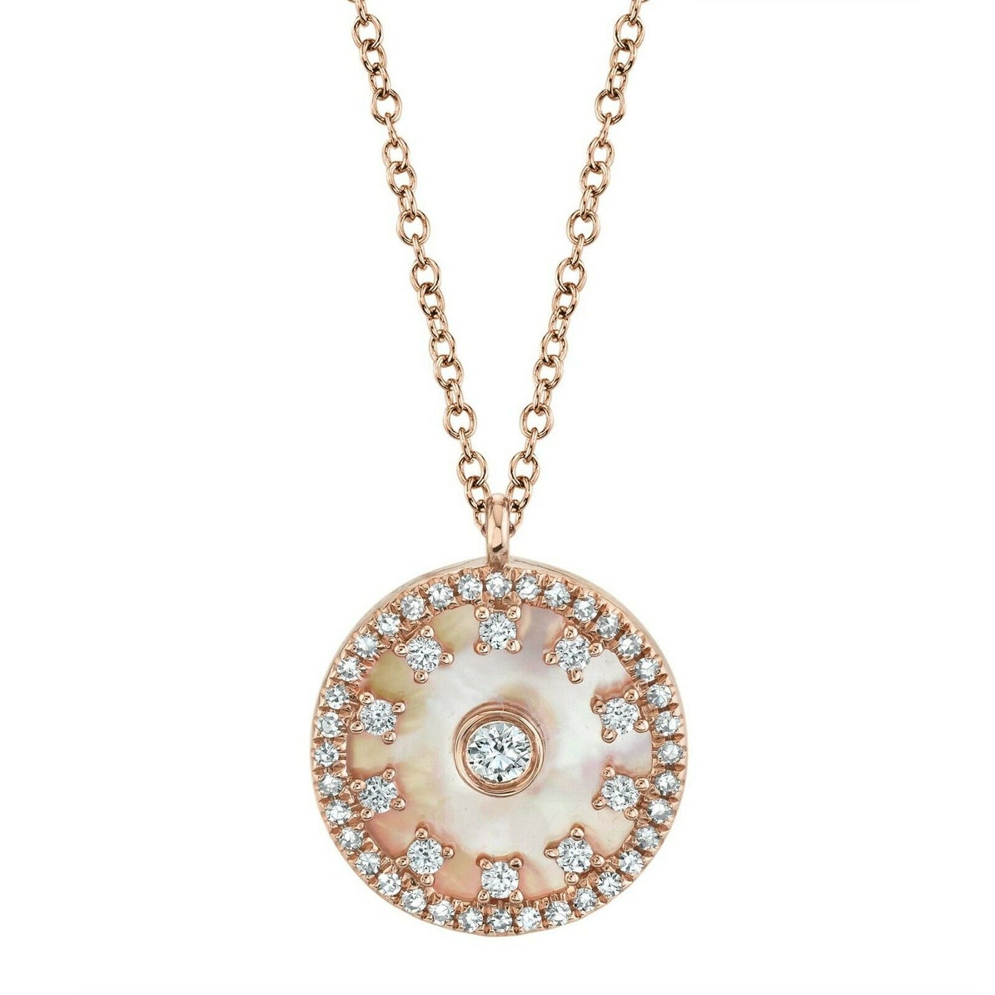 14K Gold 1.73 CT Mother Of Pearl Diamond Pendant Necklace Circle Disc Natural