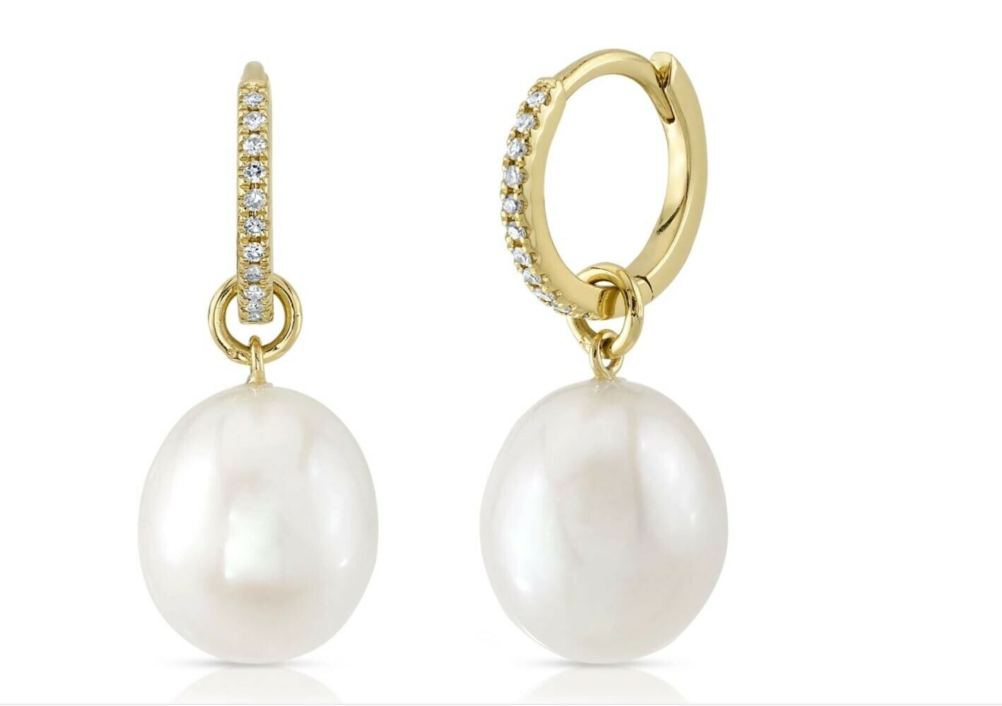 14K Gold 0.06 CT Diamond Pearl Earrings Drop Dangle Cultured Round Natural