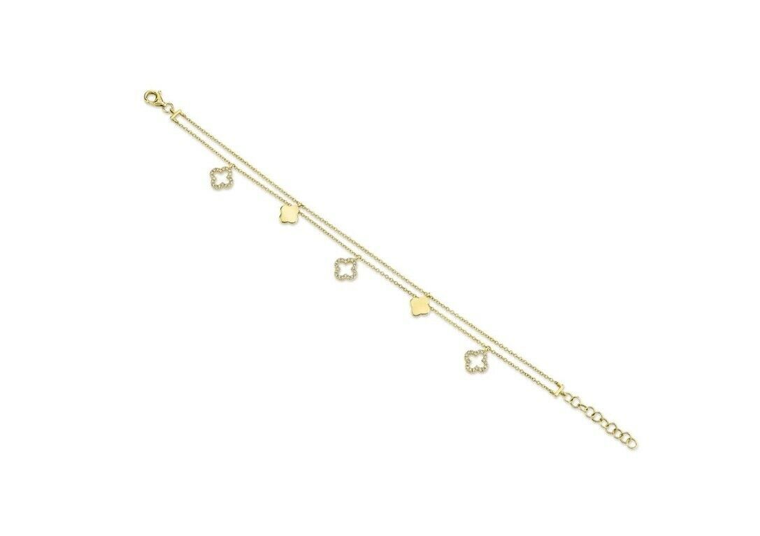 14K Gold 0.19 CT Diamond Clover Charm Bracelet Round Cut Natural Womens
