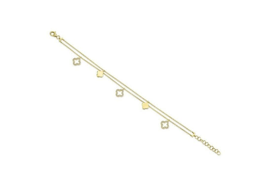 14K Gold 0.19 CT Diamond Clover Charm Bracelet Round Cut Natural Womens