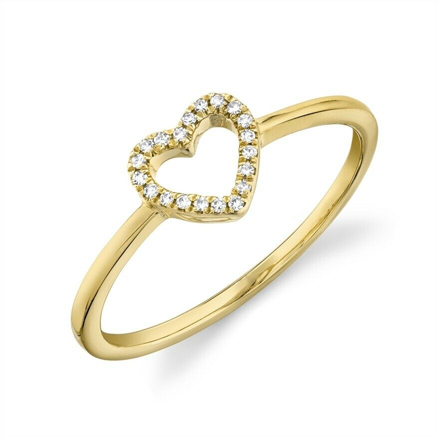 14K Gold 0.04 CT Diamond Heart Ring Open Pave Love Dainty Band