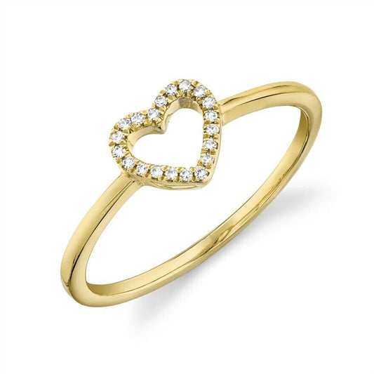 14K Gold 0.04 CT Diamond Heart Ring Open Pave Love Dainty Band