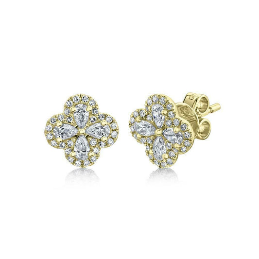 14K Gold 0.60 TCW Diamond Clover Flower Stud Earrings Pear Cut Natural