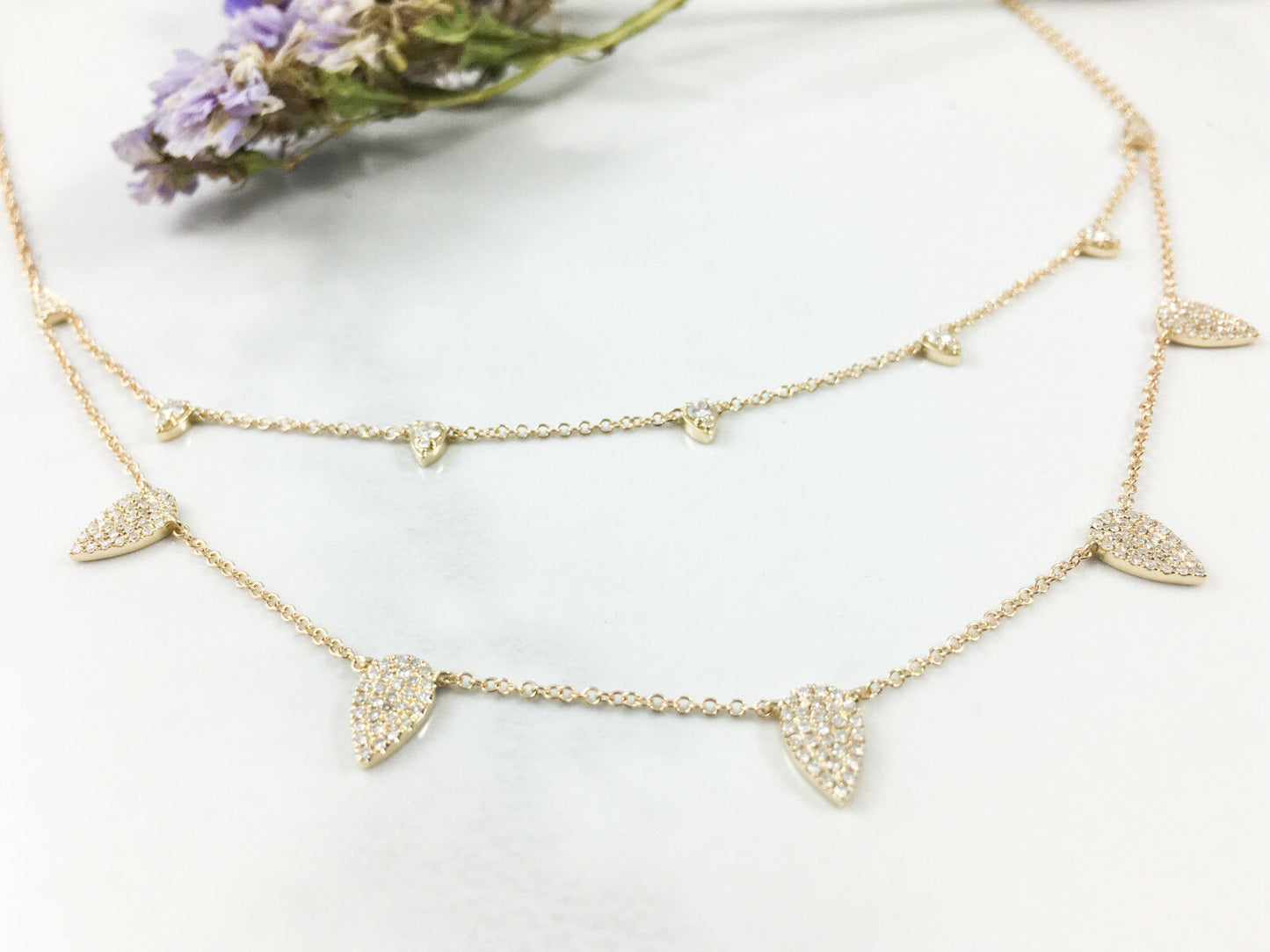 14K Gold 0.50CT Pear Shape Pave Diamond Pendant Double 2 Row Chain Necklace