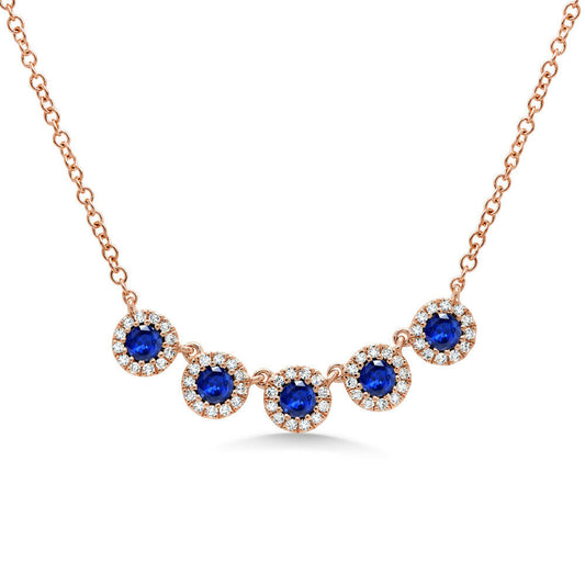 14K Gold 0.65 TCW Blue Sapphire Diamond Necklace Station Round Cut Natural