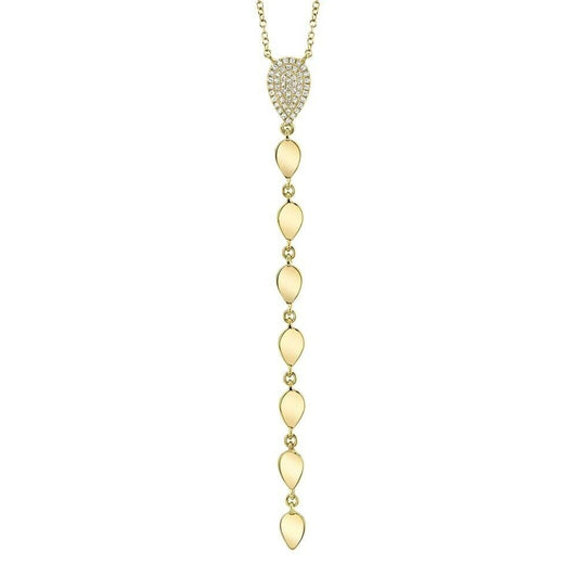 14K Gold 0.11 CT Diamond Lariat Necklace Pear Teardrop Pave Set Round Cut Natural