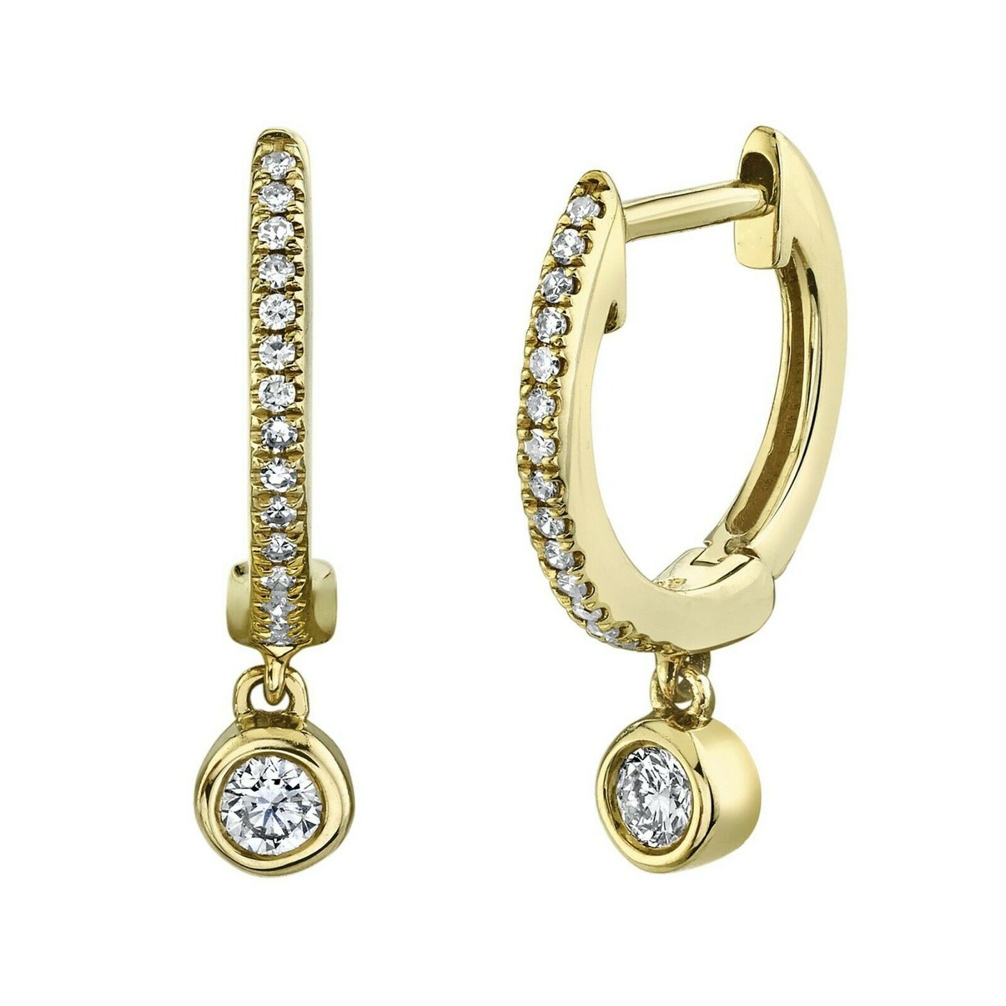 14K Gold 0.14CT Bezel Diamond Huggie Drop Earrings Round Cut Natural