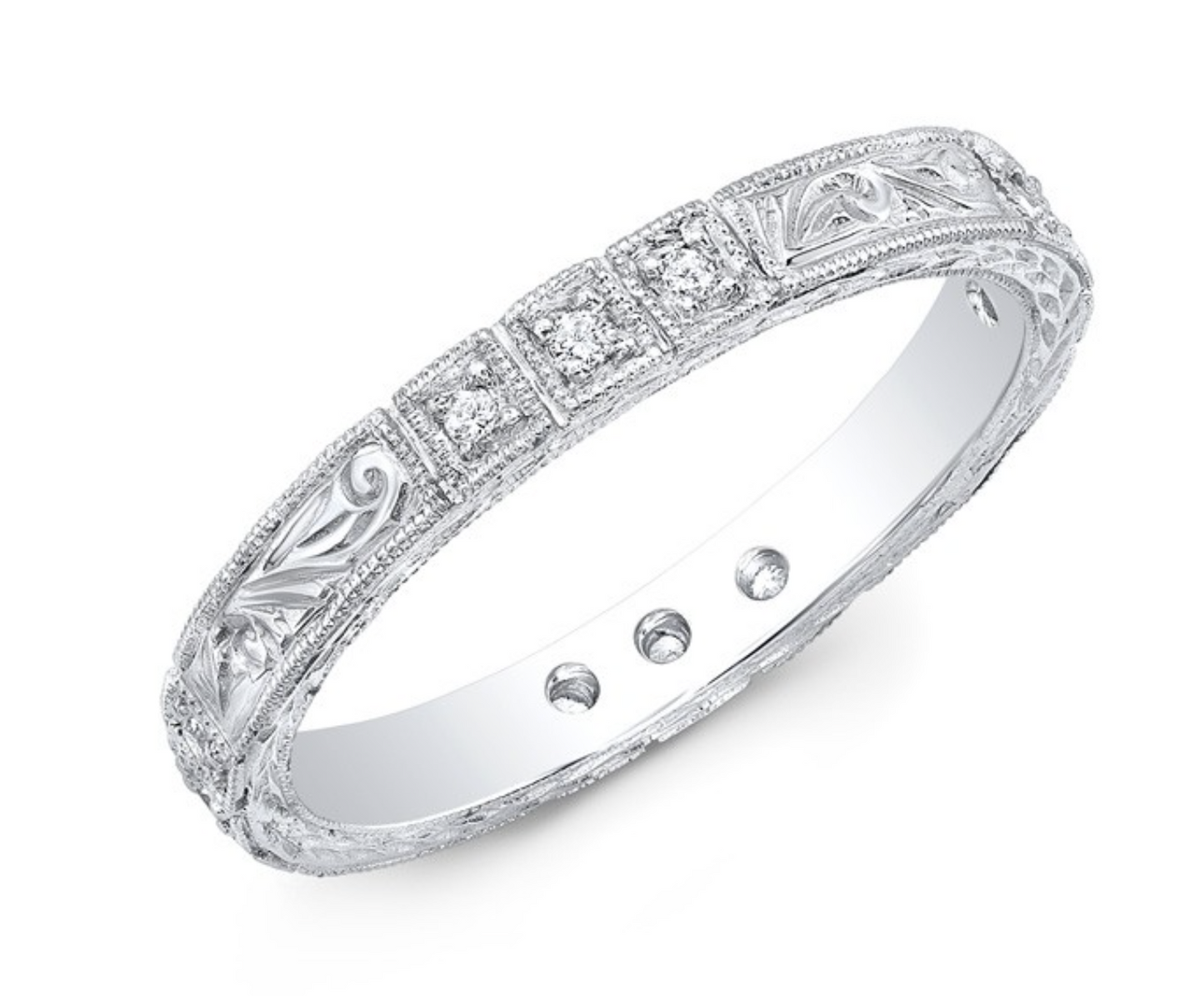 14K White Gold 0.10 CT Diamond Band Ring Engraved Paisley Carved Wedding Anniversary