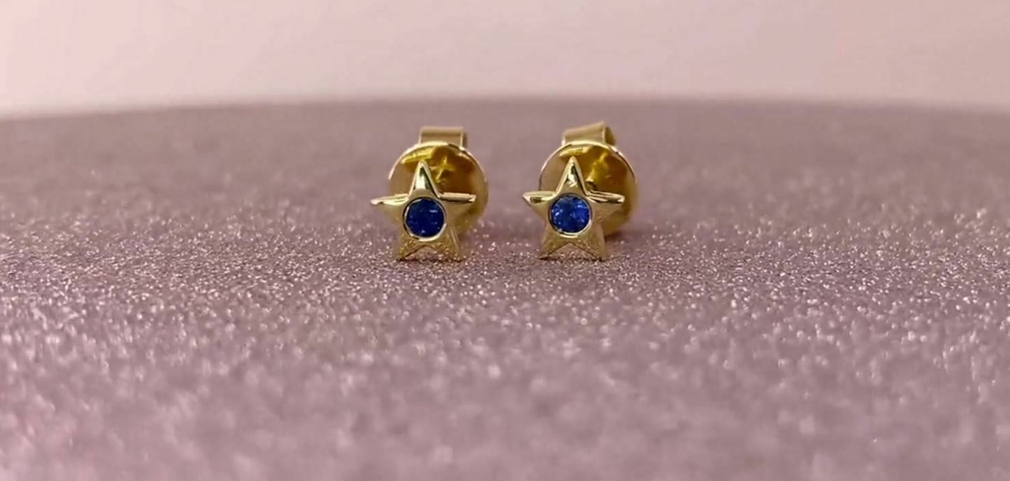 14K Gold 0.10 CT Blue Sapphire Star Stud Earrings Round Cut Natural